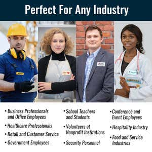 Images of 4 professionals wearing customized name tags within their respective industry settings