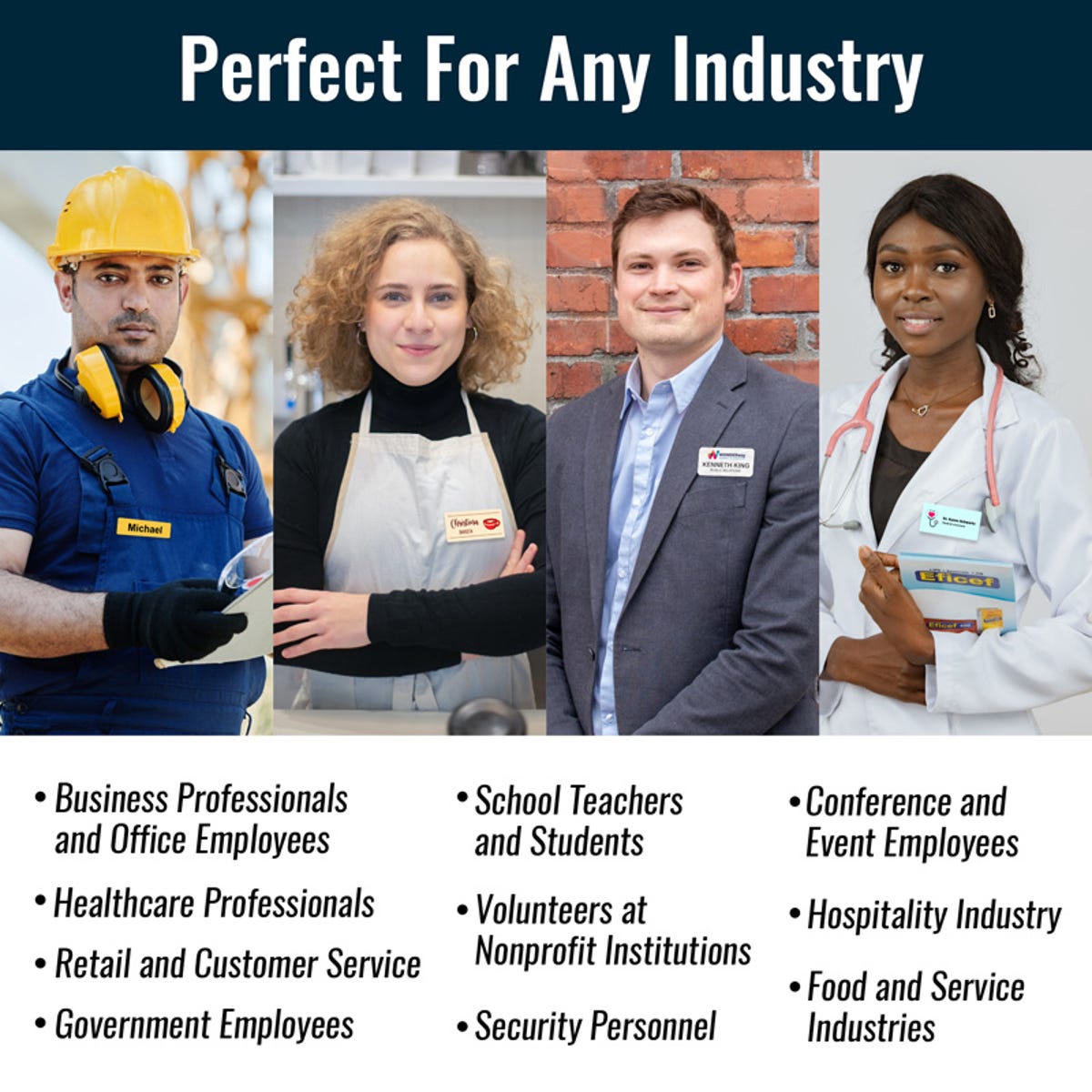 Common industries where name tags are often used - 4 professionals shown within their respective industry settings