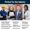 Common industries where name tags are often used - 4 professionals shown within their respective industry settings
