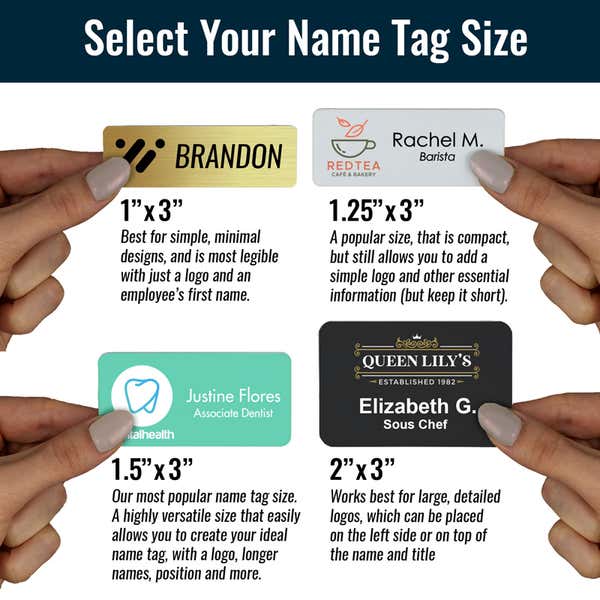 Infographic featuring 4 name tags in available sizes held in hand for better size perspective