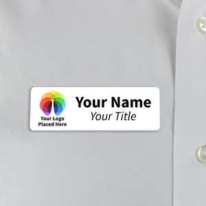 white 1x3 name tag - sample template - worn on a off-white dress shirt for size perspective