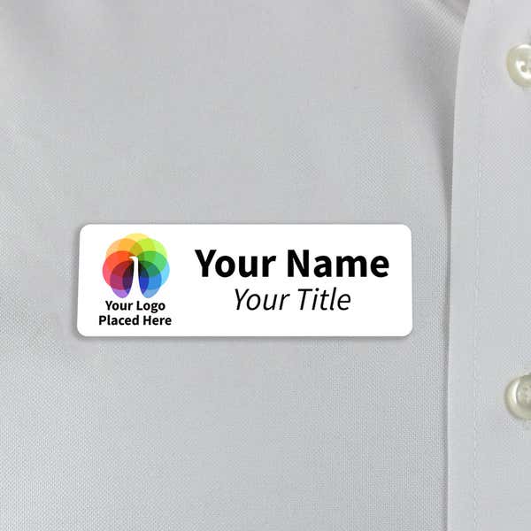white 1x3 name tag - sample template - worn on a off-white dress shirt for size perspective