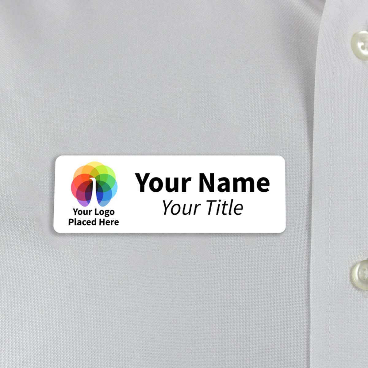 white 1x3 name tag - sample template - worn on a off-white dress shirt for size perspective
