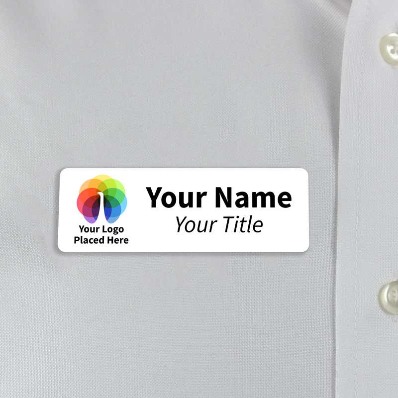 white 1x3 name tag - sample template - worn on a off-white dress shirt for size perspective