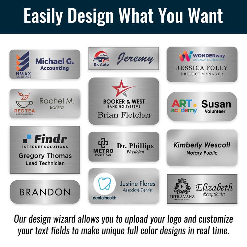 Infographic featuring 12 different examples of brushed silver name tags with and without full-color company logos