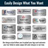 Infographic featuring 12 different examples of brushed silver name tags with and without full-color company logos