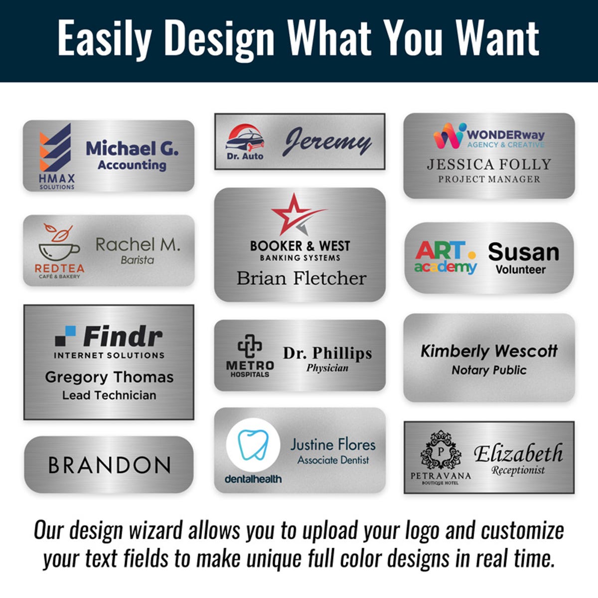 Infographic featuring 12 different examples of brushed silver name tags with and without full-color company logos