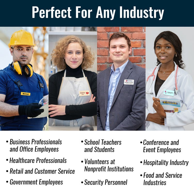 Common industries where name tags are often used - 4 professionals shown within their respective industry settings