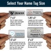 Infographic featuring 4 brushed silver name tags in available sizes held in hand for better size perspective