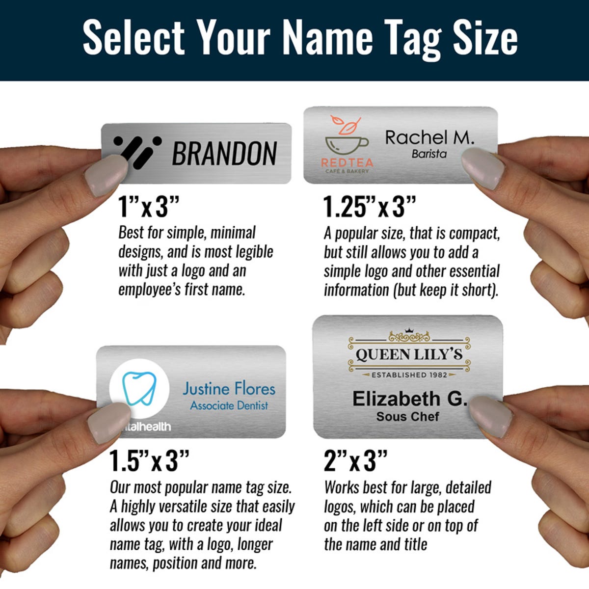 Infographic featuring 4 brushed silver name tags in available sizes held in hand for better size perspective