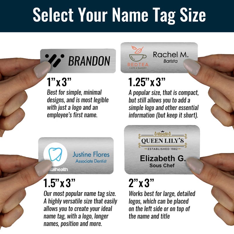 Infographic featuring 4 brushed silver name tags in available sizes held in hand for better size perspective