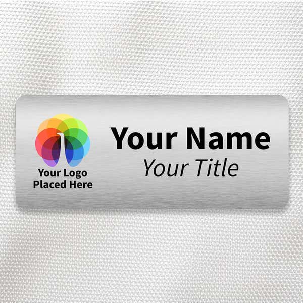 Brushed silver 1.5x3.5 inch name tag - sample template on an off-white background