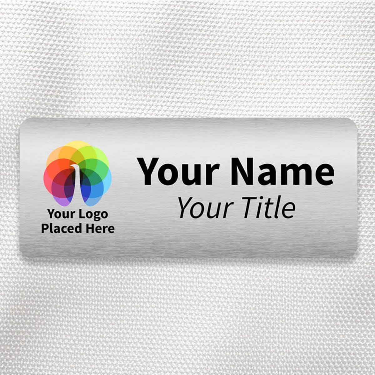 Brushed silver 1.5x3.5 inch name tag - sample template on an off-white background