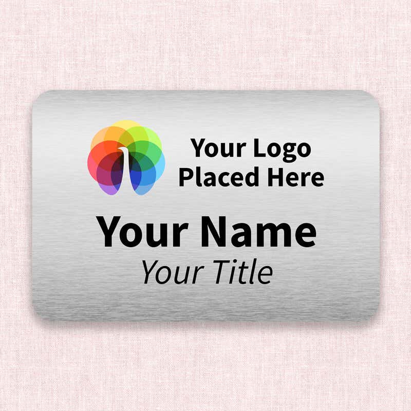 Brushed silver 2x3 inch name tag - sample template on a light pink background