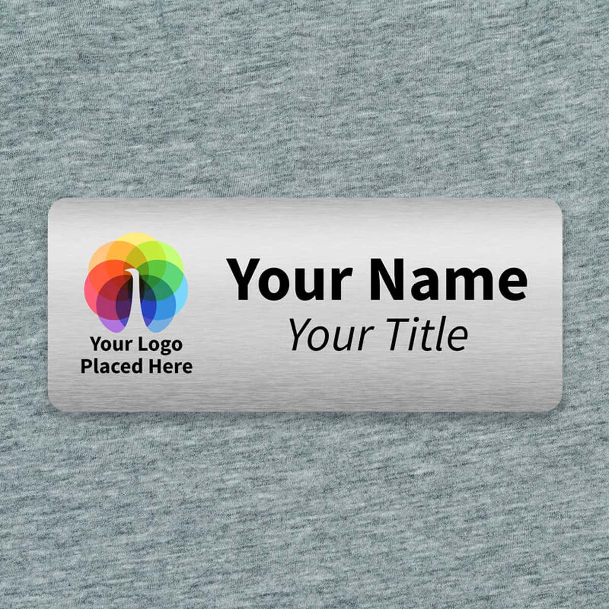 Brushed silver 1.25x3 inch name tag - sample template on a textured background