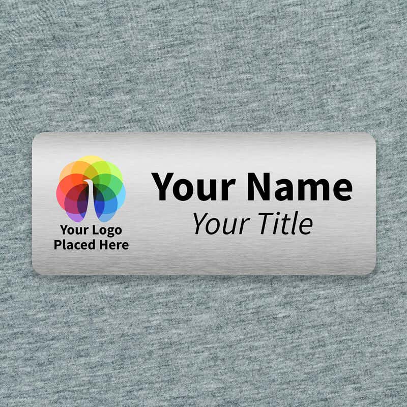 Brushed silver 1.25x3 inch name tag - sample template on a textured background