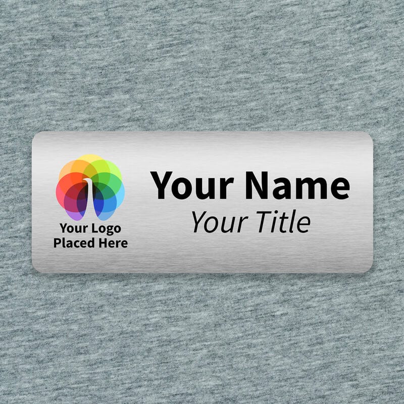 Brushed silver 1.25x3 inch name tag - sample template on a textured background