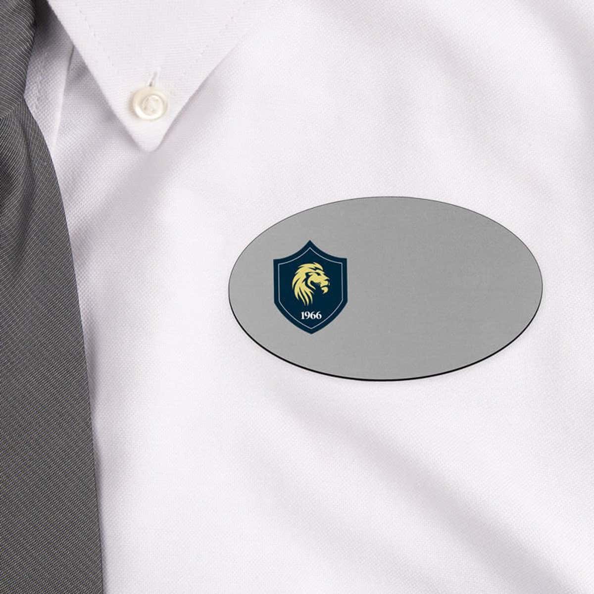 Silver Oval Name Badge on white white shirt 