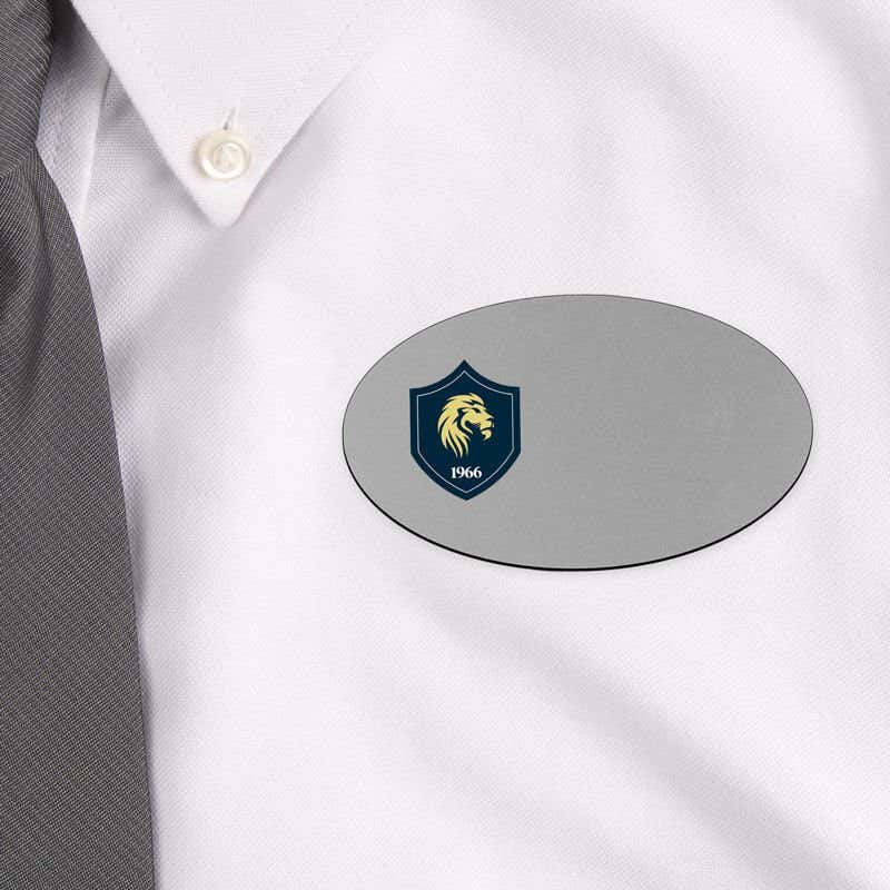 Silver Oval Name Badge on white white shirt 