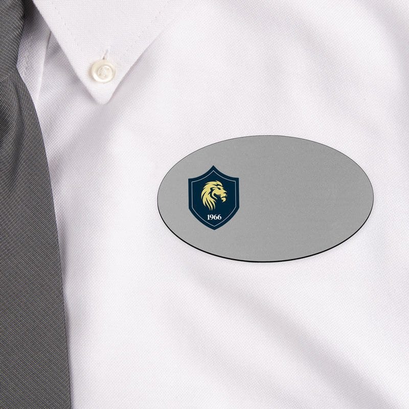 Silver Oval Name Badge on white white shirt 