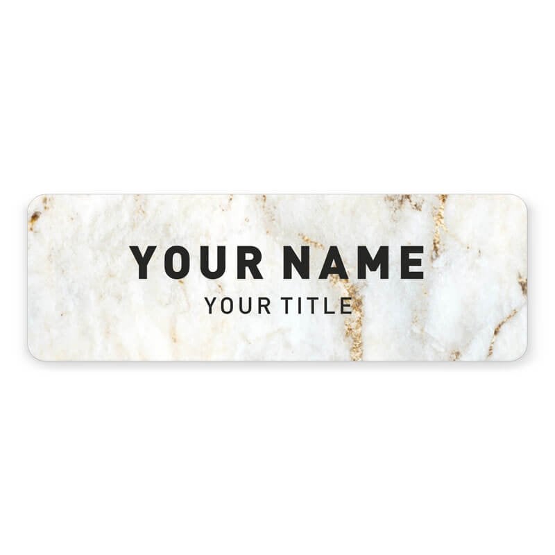 1" x 3" UV Printed Full Color Name Tag on Elegant Marble Background with Bold Custom Text on White Background