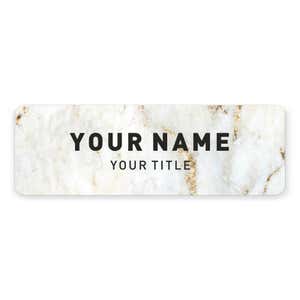 1" x 3" UV Printed Full Color Name Tag on Elegant Marble Background with Bold Custom Text on White Background