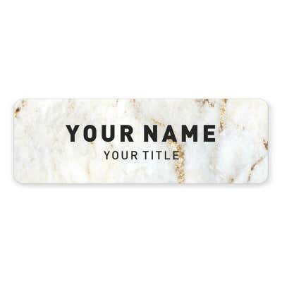1" x 3" UV Printed Full Color Name Tag on Elegant Marble Background with Bold Custom Text on White Background