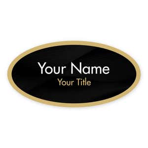 1.5" x 3" UV Printed Full Color Oval Name Tag on Corporate Black Background with Gold Outline on White Background