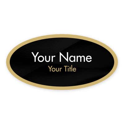1.5" x 3" UV Printed Full Color Oval Name Tag on Corporate Black Background with Gold Outline on White Background