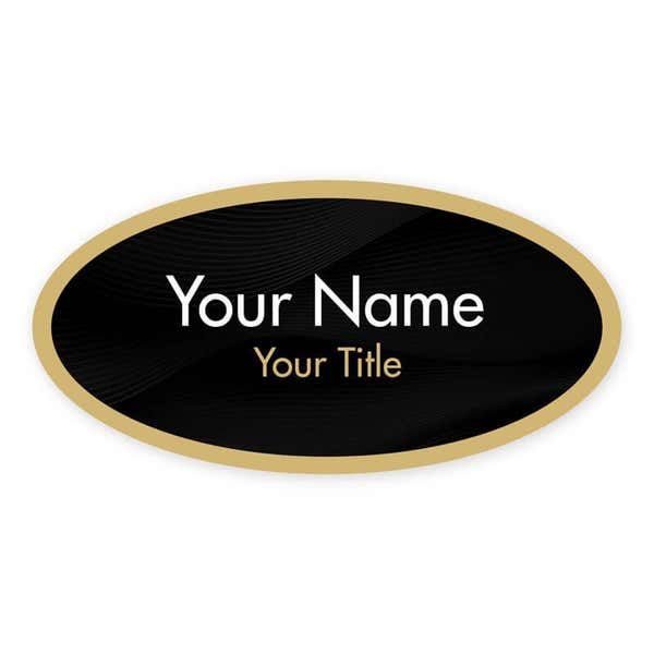 1.5" x 3" UV Printed Full Color Oval Name Tag on Corporate Black Background with Gold Outline on White Background