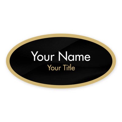 1.5" x 3" UV Printed Full Color Oval Name Tag on Corporate Black Background with Gold Outline on White Background