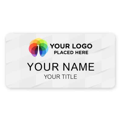1.5" x 3" UV Printed Full Color Upload Your Logo Hello My Name Is Name Tag on Modern Background with Gold Detail on White Background