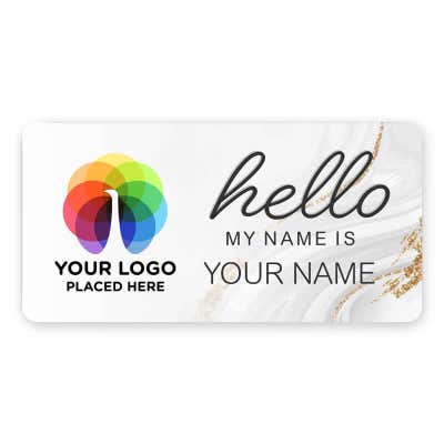 1.5" x 3" UV Printed Full Color Upload Your Logo Hello My Name Is Name Tag on Modern Background with Gold Detail