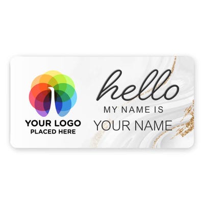 1.5" x 3" UV Printed Full Color Upload Your Logo Hello My Name Is Name Tag on Modern Background with Gold Detail