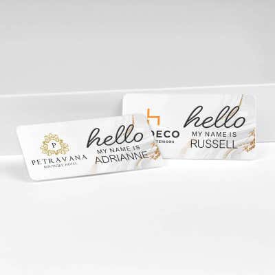1.5" x 3" UV Printed Full Color Upload Your Logo Hello My Name Is Name Tag on Modern Background with Gold Detail - alternate view