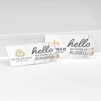 1.5" x 3" UV Printed Full Color Upload Your Logo Hello My Name Is Name Tag on Modern Background with Gold Detail - alternate view