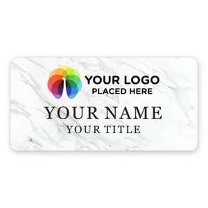 1.5" x 3" UV Printed Full Color Upload Your Logo Name Tag on Marble Background