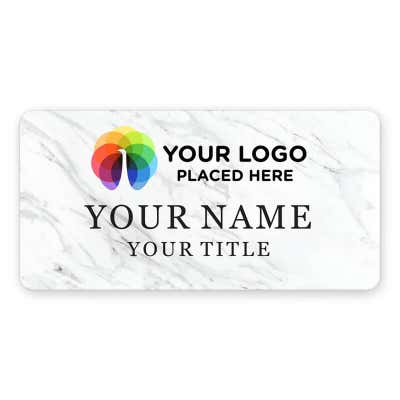 1.5" x 3" UV Printed Full Color Upload Your Logo Name Tag on Marble Background