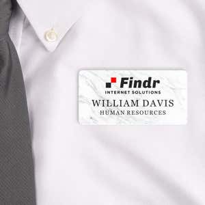 Marble Name Tag on white shirt  with logo and 2 lines of text 
