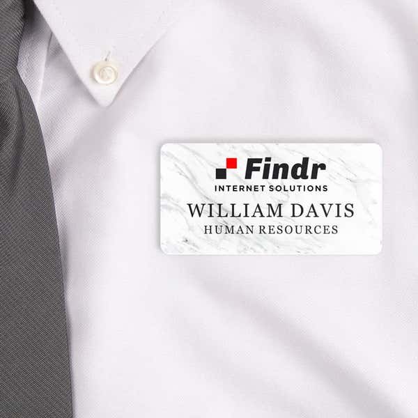 Marble Name Tag on white shirt  with logo and 2 lines of text 