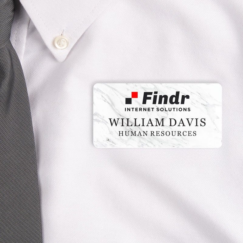 Marble Name Tag on white shirt  with logo and 2 lines of text 