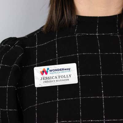 1.5" x 3" UV Printed Full Color Upload Your Logo Name Tag on Marble Background - alternate view