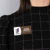 1.5 x 3 inch UV Printed Full Color Upload Your Logo Name Tag with Printed Walnut Wood Pattern on Black Blouse
