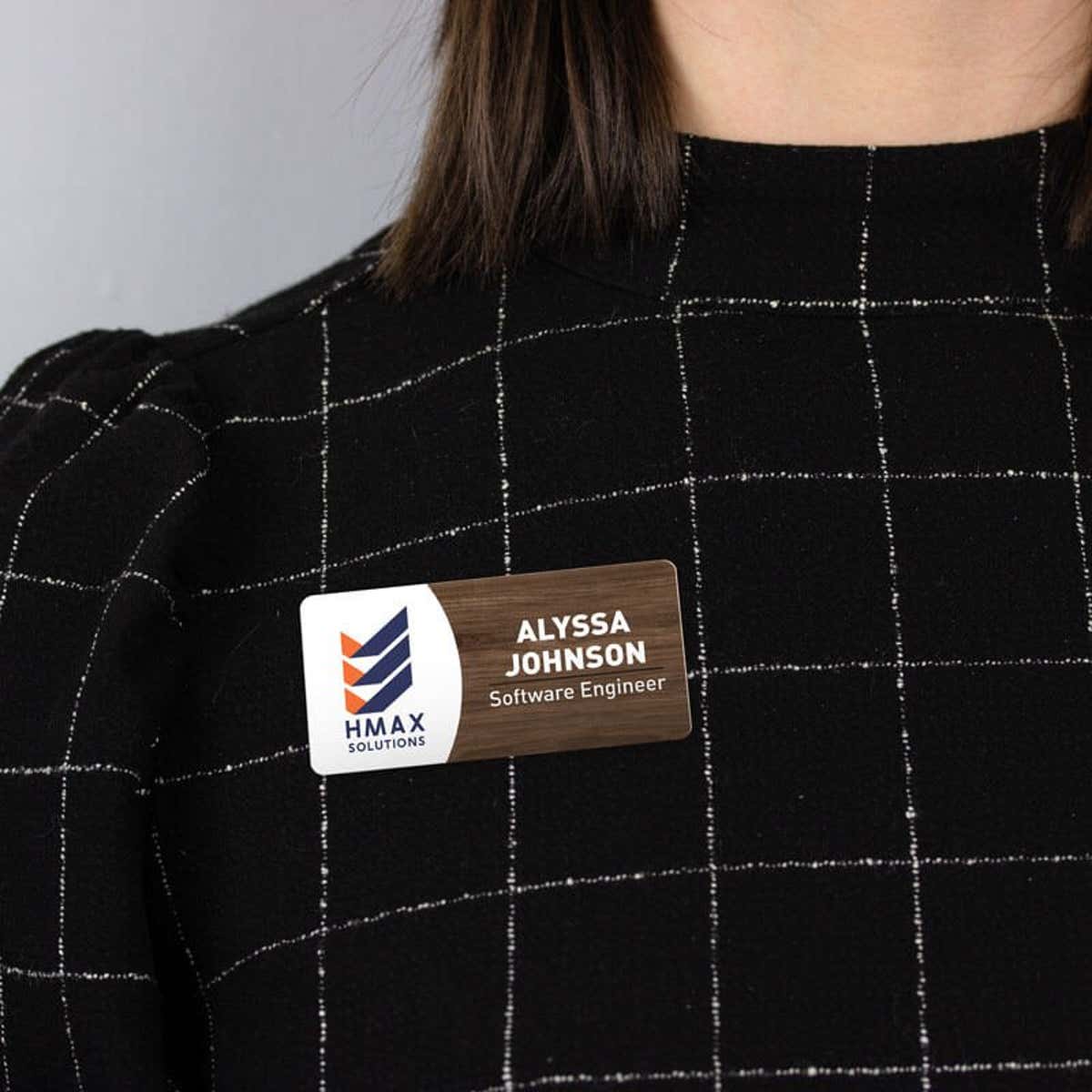 1.5 x 3 inch UV Printed Full Color Upload Your Logo Name Tag with Printed Walnut Wood Pattern on Black Blouse
