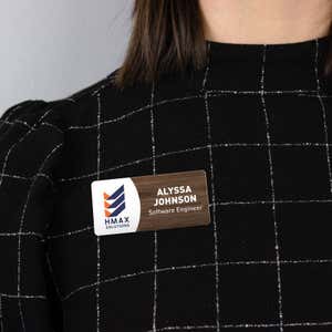 1.5 x 3 inch UV Printed Full Color Upload Your Logo Name Tag with Printed Walnut Wood Pattern on Black Blouse