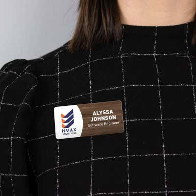 1.5" x 3" UV Printed Full Color Upload Your Logo Name Tag with Printed Walnut Wood Pattern - alternate view