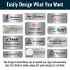 Infographic featuring 12 different examples of brushed silver name tags with and without full-color company logos