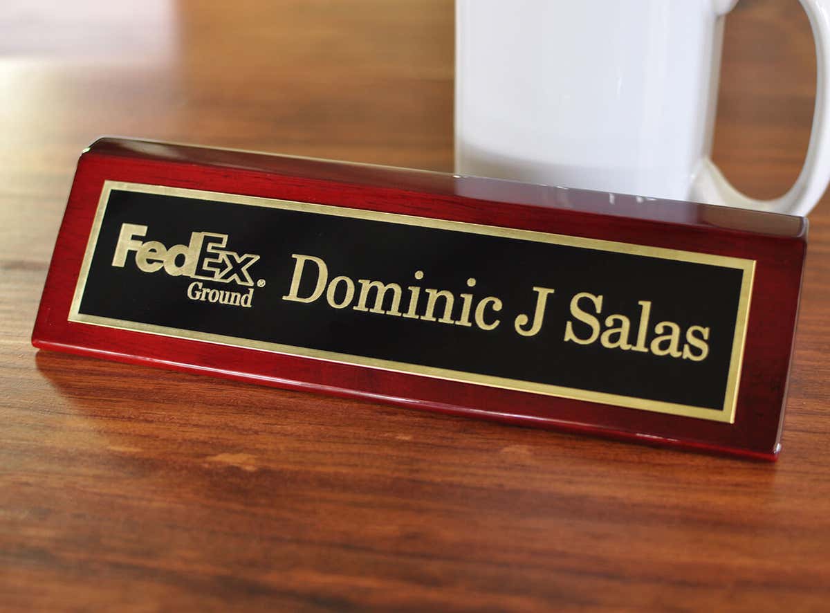Executive Brass Name Plate With Logo - Piano Rosewood Finish 2" x 8"