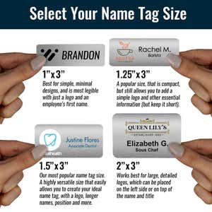 Infographic featuring 4 brushed silver name tags in available sizes held in hand for better size perspective
