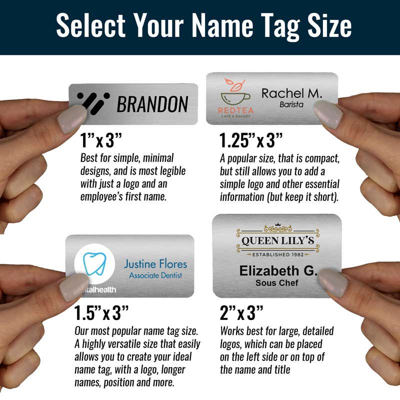 Infographic featuring 4 brushed silver name tags in available sizes held in hand for better size perspective